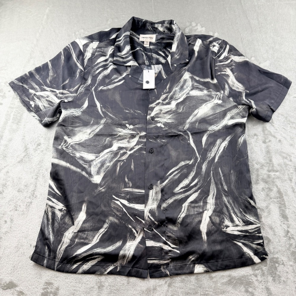 Industry Men's Large Black White Abstract‎ Print Short Sleeve Button Down Shirt